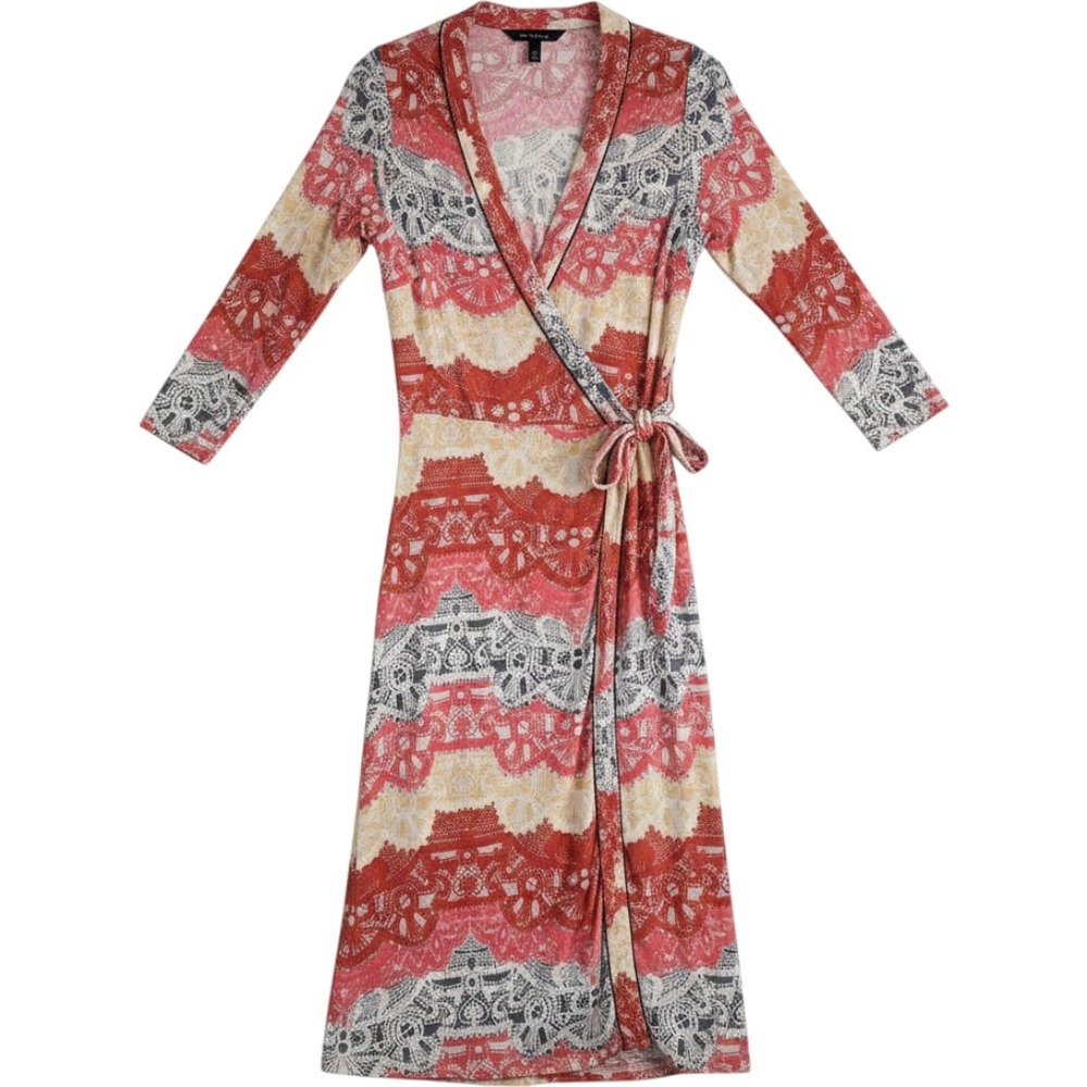 BCBGMAXAZRIA Womens Wrap Dress S Red Lace Print Jersey V-Neck Midi Casual
